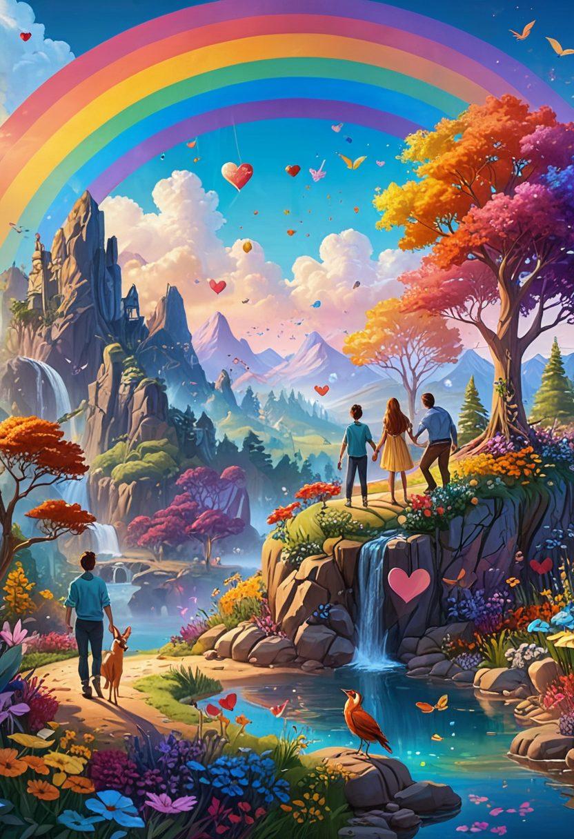 A vibrant and whimsical scene depicting animated characters in a colorful, fantastical setting, showcasing diverse same-sex couples joyfully interacting. The background features whimsical landscapes with rainbow motifs and whimsical creatures, symbolizing love and acceptance. Include elements of fantasy like glowing flowers and floating hearts to enhance the magical atmosphere. super-realistic. vibrant colors. 3D.