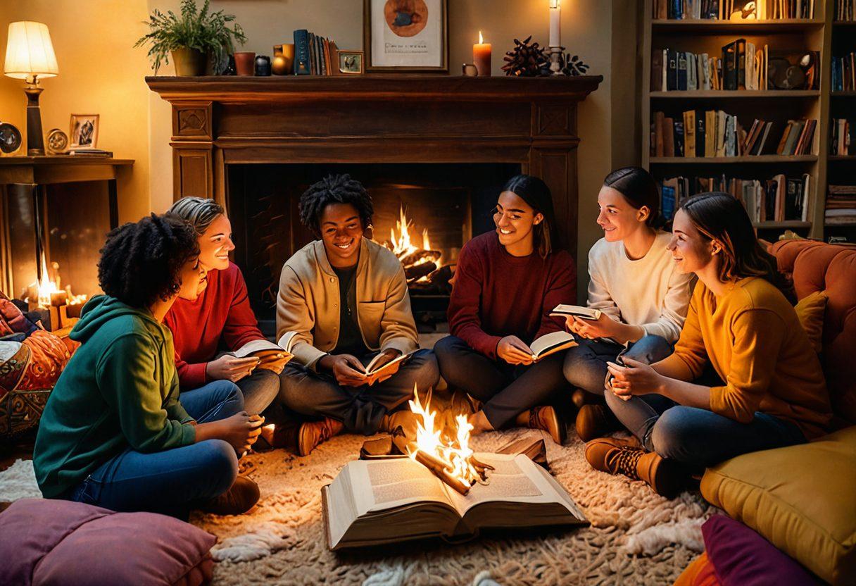 A cozy, inviting scene of a diverse group of friends sharing stories around a warm fire, each absorbed in listening and storytelling. The atmosphere is rich with colorful, comforting decor, reflecting a safe space for LGBTQ expressions. Soft lighting enhances the intimacy, and subtle touches of books and art represent the narratives being shared. Illustrate an open book with shimmering pages, symbolizing the magic of storytelling. super-realistic. warm tones. vibrant colors.
